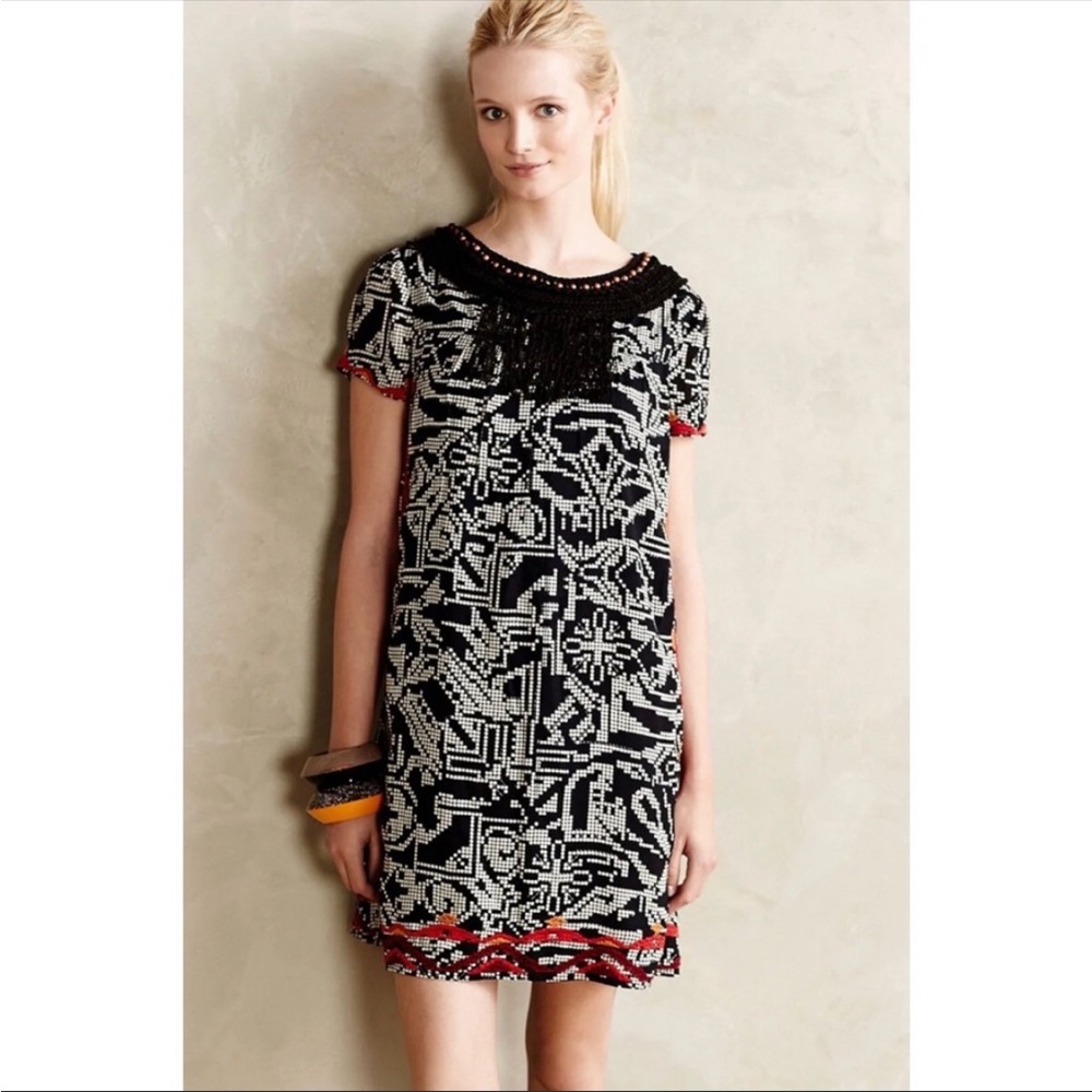 Anthropologie Floreat Embroidered Fringe Dress w/ Beaded Crochet Neck, size S